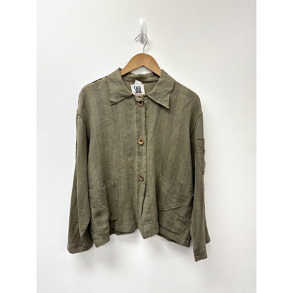 Vintage SAGA Linen Lagenlook Button Front Shacket Green M